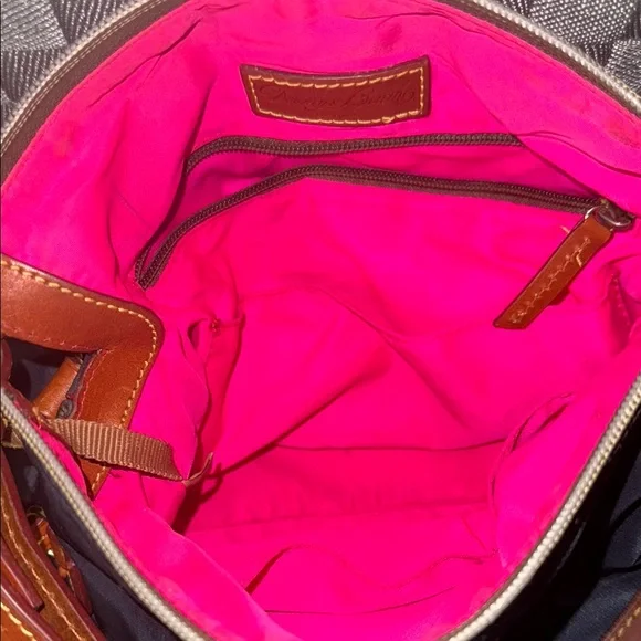 Dooney &Bourke Navy Blue Shoulder Bag pink inside brown leather strap & tassels - Picture 3 of 10